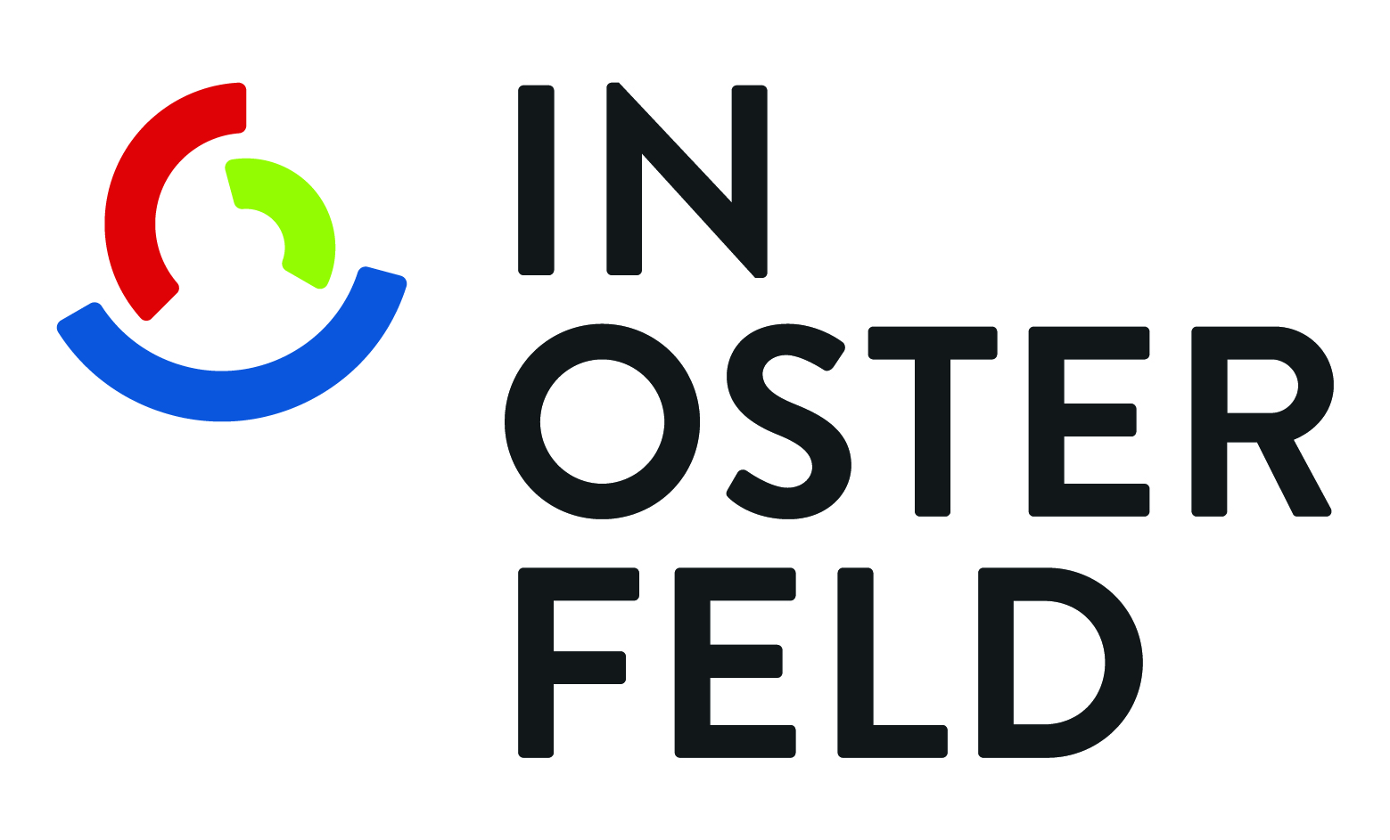 WIR IN OSTERFELD-Logo mit modernem Text und bunten Kreissegmenten in Rot, Grün und Blau.