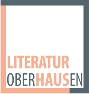Logo mit Text „Literatur Oberhausen“ in einem hellrot-grauen quadratischen Rahmen auf Weiß.