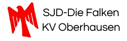 Logo mit rotem Falken und Text „SJD – Die Falken KV Oberhausen“ in Schwarz auf Weiß.